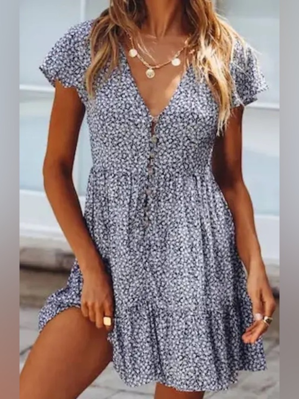 Hello Molly Blue White Daisy Floral Mini Dress